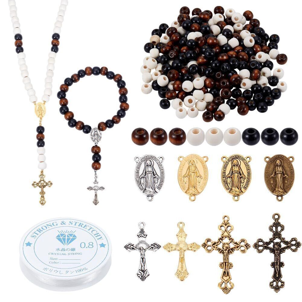 6489 About 348 Pcs Rosary Jewelry Making Kit, Including Wood Round Beads